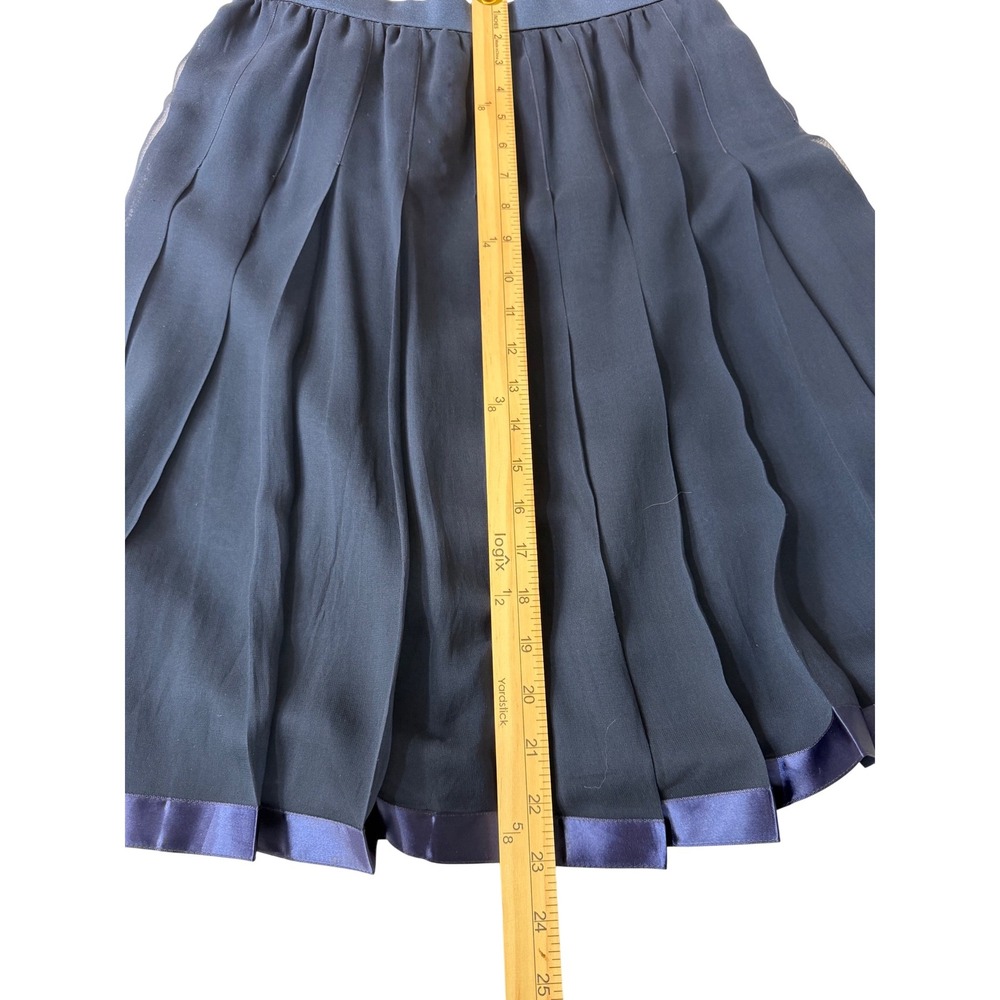 Navy Blue Pleated Midi Skirt Satin Trim Ribbon Hem Chiffon Layered Women Size S - Picture 6 of 6